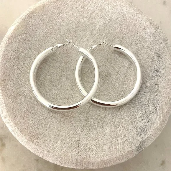 925 Sterling Silver Hoop Earrings Large Silver Hoops Chunky Earrings - Picture 5 of 5